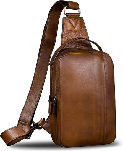 Genuine Leather Sling Bag for Men and Women Vintage Real Leather Sling Backpack Shoulder Crossbody Bags Chest Purse