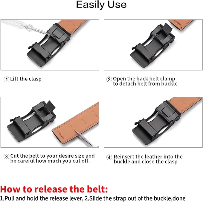 SENDEFN Men's Leather Belt Automatic Ratchet Buckle Slide Belt for Dress Casual Trim to Fit with Gift Box