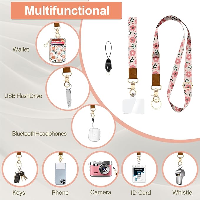 Floral ID Badge Holder with Lanyard,Slots Keychain Phone Lanyard Wrist Strap,RFID ID Badge Holder with Pu Multiple Zip Id Case Wallet for Office School Business Security Staff Women-Flower Pink