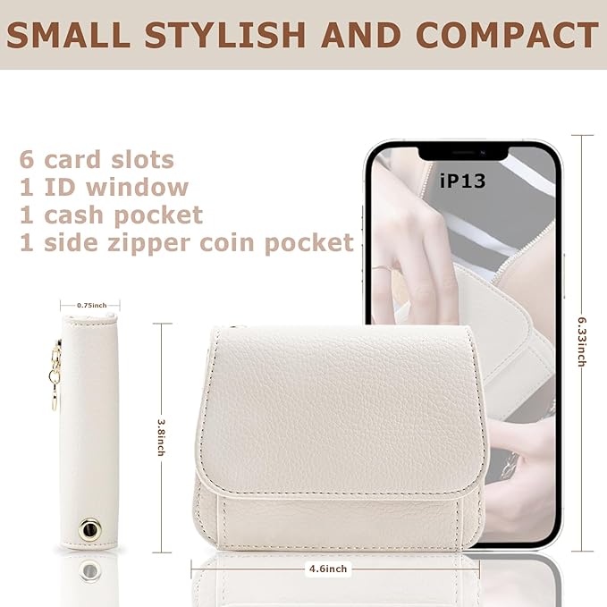 Women Small Wallet RFID Blocking Slim Wallet with Coin Pocket Tri-Fold Credit Card Holder with ID Window and Keychain(Beige)