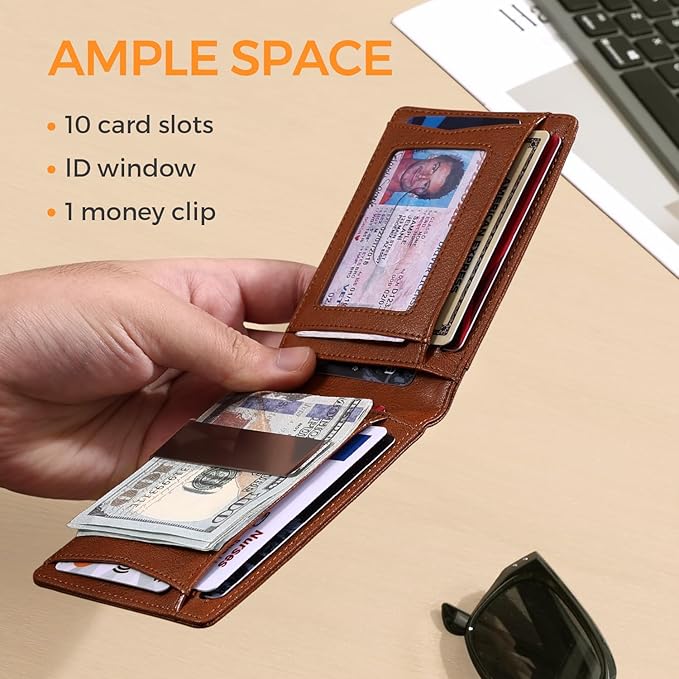 RUNBOX Slim Money Clip Wallets for Men RFID Blocking 11 Card Holder Minimalist Small Leather Bifold Men's Front Pocket Wallet Gift Box