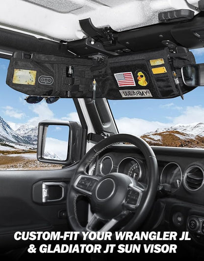 JOYTUTUS Sun Visor Organizer Compatible with 2018-2026 Wrangler JL & Gladiator JT, Driver's Side Front Tactical Visor Storage Cover Molle Webbing Visor Storage Holder Pouch, Multi-Pocket Net Zipper