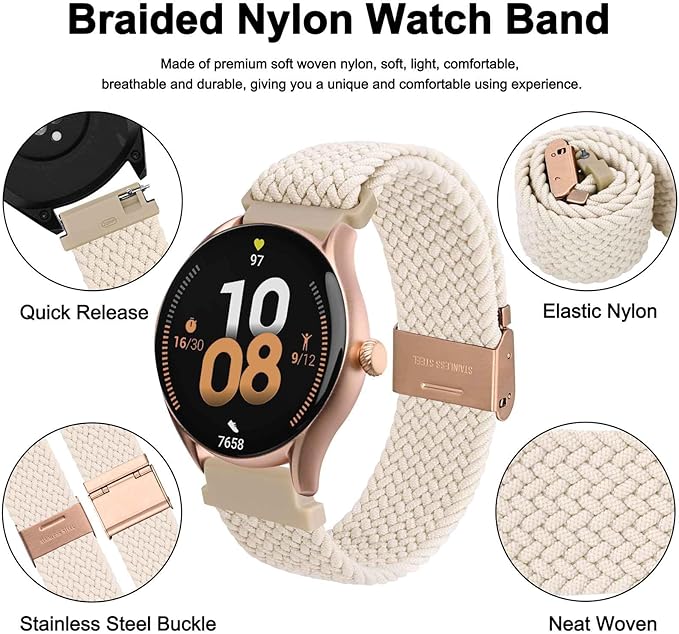 WOCCI 20mm Braided Nylon Watch Band for Men and Women, Quick Release, Rosegold Stainless Steel Buckle (Starlight)