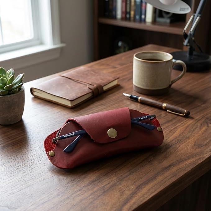 Toprank Leather Eyeglass Case - Handmade Slim Sunglasses Holder, Genuine and Universal Fit for Men and Women