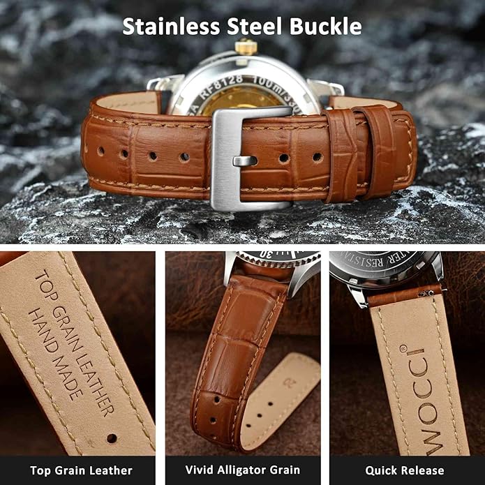 WOCCI Watch Bands, Top Grain Leather, Embossed Alligator Grain, Quick Release, Band Width 18mm 20mm 22mm