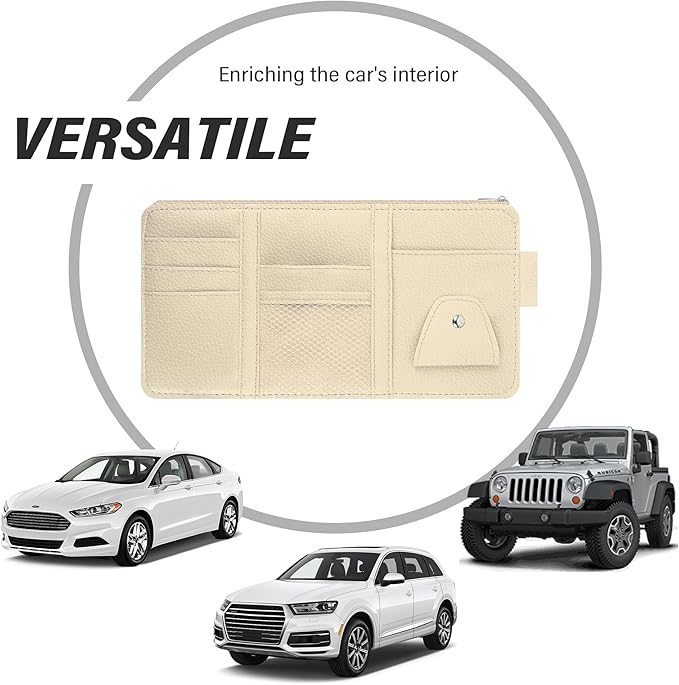 Car Visor Organizer with Sunglass Holder,Multi-Functional Car Sun Visor Organizer with Zipper for Cards,Money,Tickets,Leather Interior Accessories (Beige)