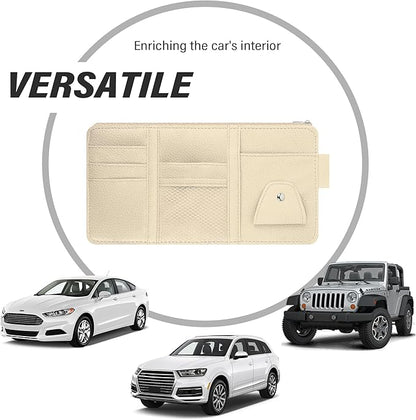 Car Visor Organizer with Sunglass Holder,Multi-Functional Car Sun Visor Organizer with Zipper for Cards,Money,Tickets,Leather Interior Accessories (Beige)