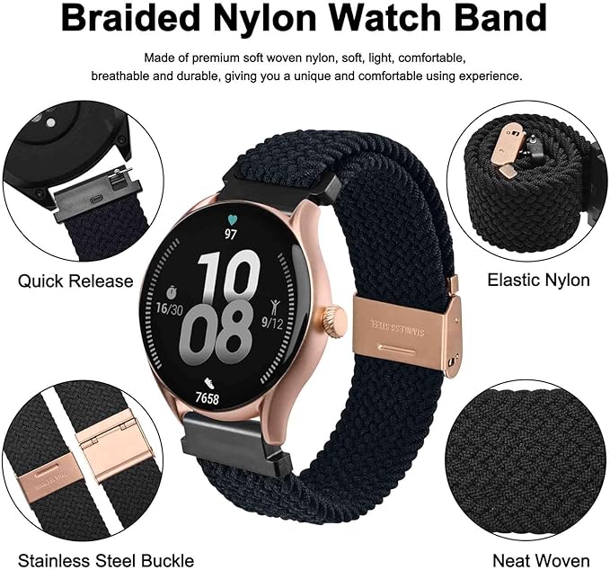 WOCCI 18mm Braided Nylon Watch Band for Men and Women, Quick Release, Rosegold Stainless Steel Buckle (Black)