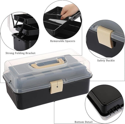 BTSKY 3-Layer Plastic Dividing Storage Box Craft Organizer with Adjustable Spacers Portable Handled Art Supply Organizer Multipurpose Home Utility Box for Sewing (Black+Beige)