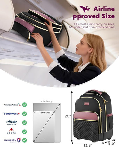 Arcoyard Rolling Backpack for Women, 17 Inch Laptop Backpack With Wheels for Adults, Large Water Resistant Wheeled Carry On Luggage Roller Bag, Flight Approved for Work, Travel, College, Black Purple