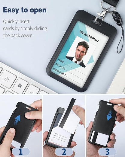 Uniclife 3 Pack Sliding Badge Holder Hard Black Vertical Plastic Card Case Protector with Detachable Lanyard Strap for Office School ID Credit Proximity Key Card Driver’s License and Pass
