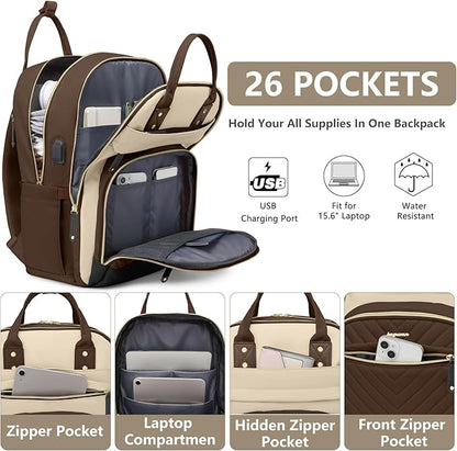 Laptop Backpack for Women Work Bag - 15.6 inch Travel Backpack Purse with USB Charger College Bookbag Waterproof Cute Casual Daypack Fashion Business Computer Backpacks for Teacher Nurse Brown Khaki