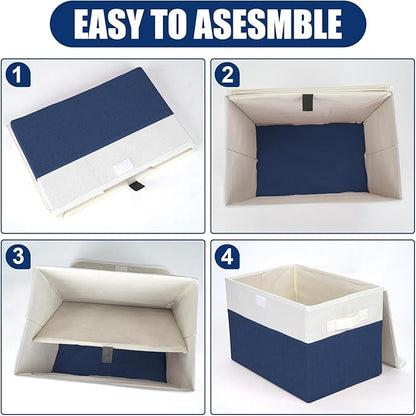 Bagnizer Large 22 Quart Linen Fabric Foldable Storage Bin Cube Organizer Basket with Flip-Top Lid & Handles, Clothes Blanket Box for Home, Office, Closet, Navy Blue & White, 4 Pack 14.6 x 9.5 x 9.5
