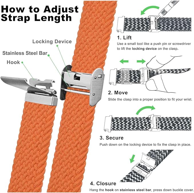 WOCCI 20mm Braided Nylon Watch Band for Men and Women, Quick Release, Silver Stainless Steel Buckle (Orange)