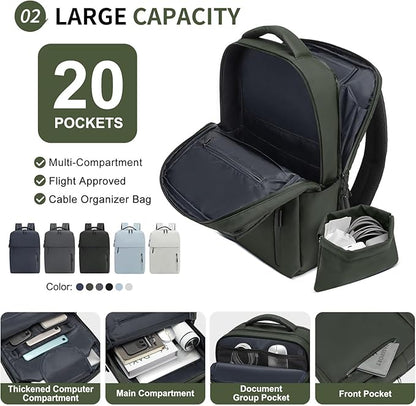 Lightweight 20L Commute Backpack for Men & Women, Water-Resistant Travel Daypack with 15.6-Inch Laptop Compartment & Anti-Theft Pockets, Dark Green