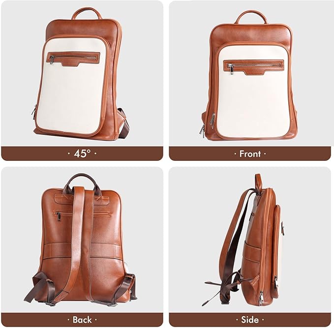 Leather Laptop Backpack, Women and Men Backpack Travel Business Work College Water Resistant Anti Theft Daypack Slim Large fits for 15.6 inch Notebook Computer bag, Off White+ Brown…