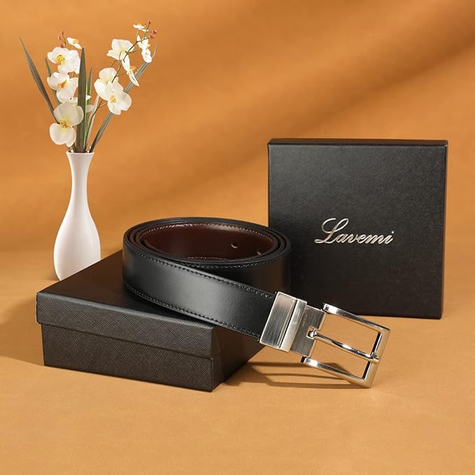 Lavemi Mens Belt Reversible 100% Italian Leather Dress Casual,One Reverse for 2 Colors,Trim to Fit