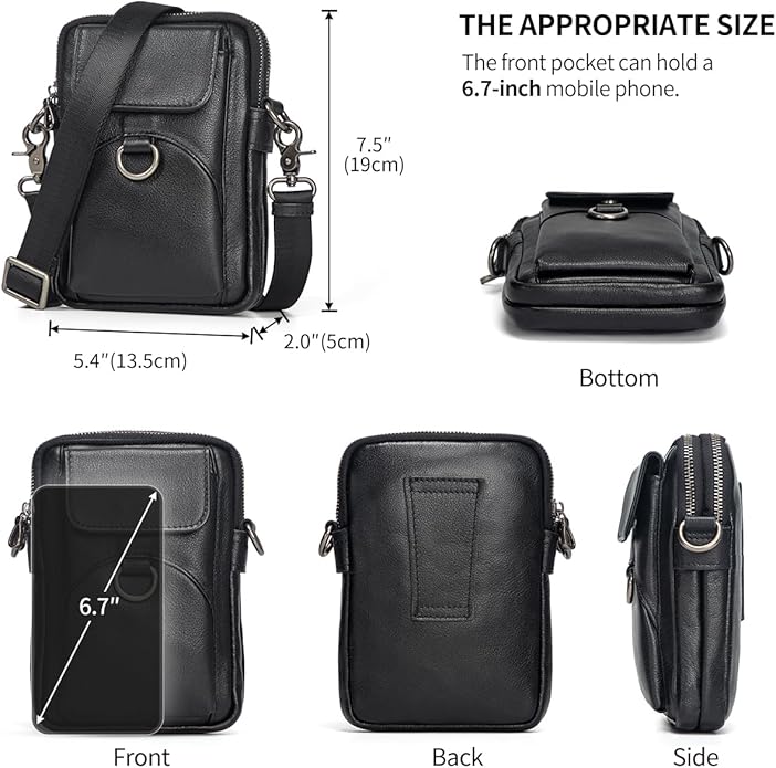 Augus Genuine Leather Small Crossbody Bag Cell Phone Messenger Purse Shoulder Waist Bag for Daily Use for Women and Men