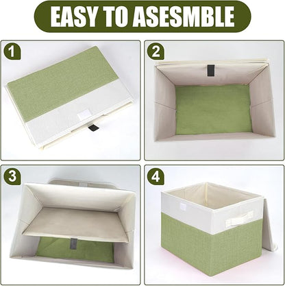 Bagnizer Large 22 Quart Linen Fabric Foldable Storage Bin Cube Organizer Basket with Flip-Top Lid & Handles, Clothes Blanket Box for Home, Office, Closet, Green & White, 4 Pack 14.6 x 9.5 x 9.5