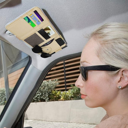 Car Sun Visor Organizer, Leather Pocket Organizer Sunglass Holder for Car Interior Accessories with Multi-Pocket Net Zipper, Beige