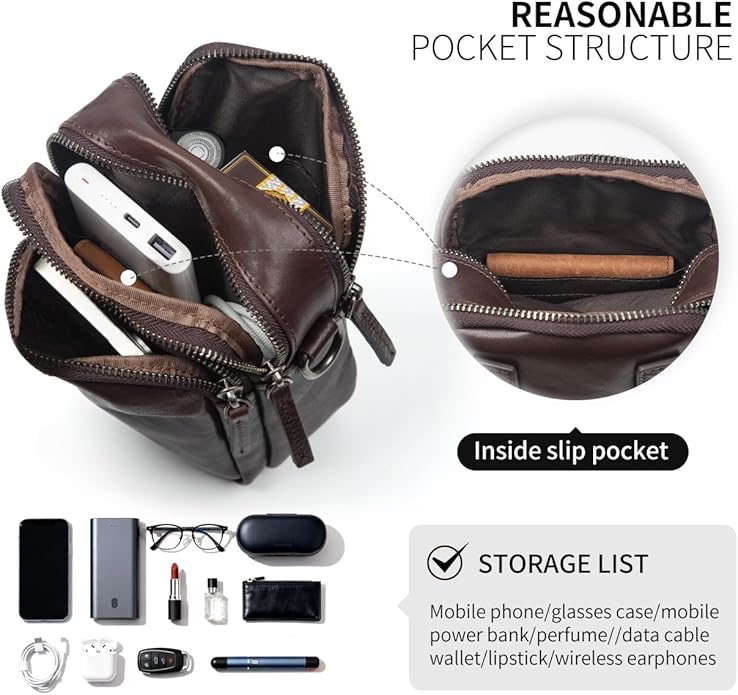 Augus Leather Messenger Crossbody Shoulder Bag for Men Work Business Casual Adjustable Straps (Black-1)