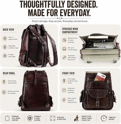 Handmade World Full Grain Leather Backpack for Men – 18 Inch Laptop Bag, Handmade Real Leather, Business Travel Work Backpack, Vintage Rucksack for Office & Carry On (Brown)