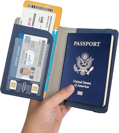 RSAquar Passport Holder for Women and Men, Premium PU Leather Travel Passport Wallet RFID Blocking Passport Cover Travel Documents Organizer (JD-Blue)