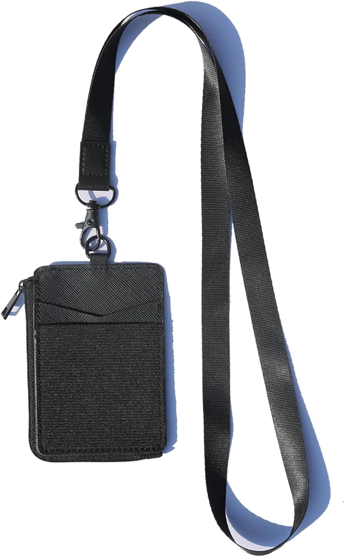 2-in-1 ID Badge Holder & Elastic Card Holder Wallet,Minimalist Men & Women Zip Card Holder Wallet with Neck Lanyard,3 Card Slots and 1 Side Zipper Pocket (Black-A)