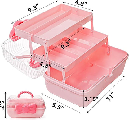 Noamus 11" Three-Layer Multipurpose Storage Box, Clear Plastic Art Craft Organizer, Portable First Aids Case with Handle Trays for Kids, Sewing Makeup Nail Hair Accessories, Home School Office(Pink)