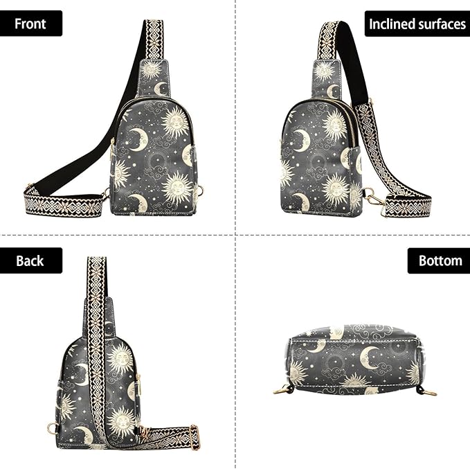 ZAZYXTJ Celestial Bohemian Moon Crossbody Sling Bag for Women Leather Small Chest Bag Adjustable Straps Daypack for Travel Sport Hiking