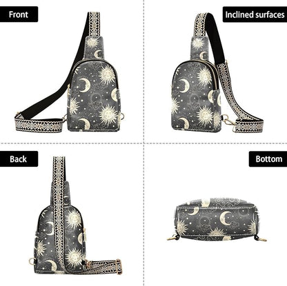 ZAZYXTJ Celestial Bohemian Moon Crossbody Sling Bag for Women Leather Small Chest Bag Adjustable Straps Daypack for Travel Sport Hiking