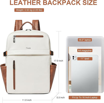 Leather Laptop Backpack for Women, 15.6 Inch Laptop Travel Backpack Purse Large Capacity Computer Bag, Casual Daypack Nurse Bag College Bookbag for School, Beige