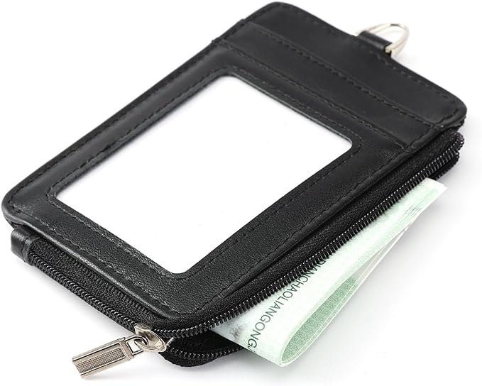 Badge Holder-Genuine Leather ID Badge Holder with Zipper Pocket and Nylon Lanyard – Perfect for Badges, Cards, and More