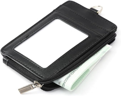 Badge Holder-Genuine Leather ID Badge Holder with Zipper Pocket and Nylon Lanyard – Perfect for Badges, Cards, and More