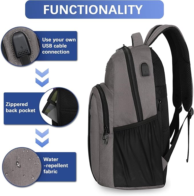 LARIPOP Carry On Backpack for Airplane, 17.3 Inch Laptop Backpack with USB Charging Port, Water Resistant Business Travel Backpack, Lightweight College School Bookbag Anti Theft for Men Women, Grey