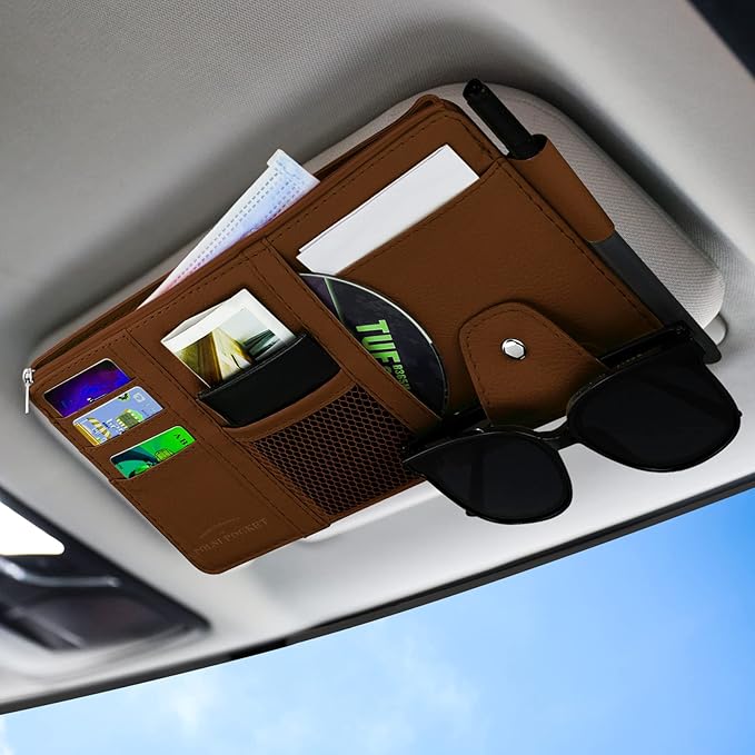 Car Sun Visor Organizer, Leather Pocket Organizer Sunglass Holder for Car Interior Accessories with Multi-Pocket Net Zipper (Brown)