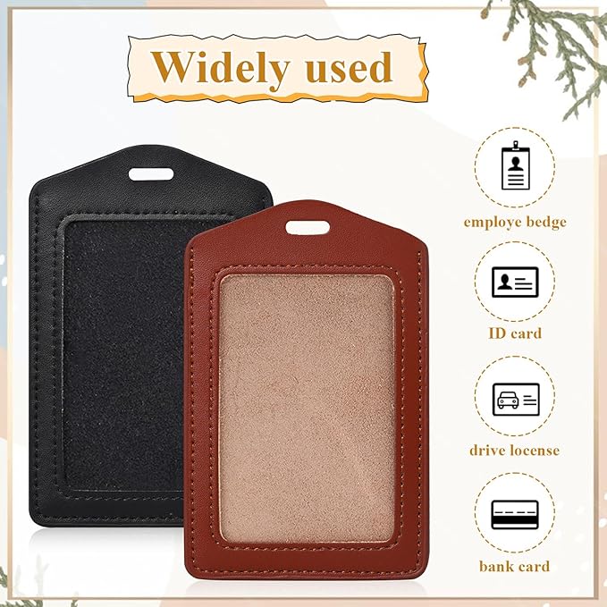 2 Pack Genuine Leather ID Badge Holders Waterproof Name Badge Holde Vertical Single-Side Clear Card Holder for Office, Staff, Employees (Black & Brown)