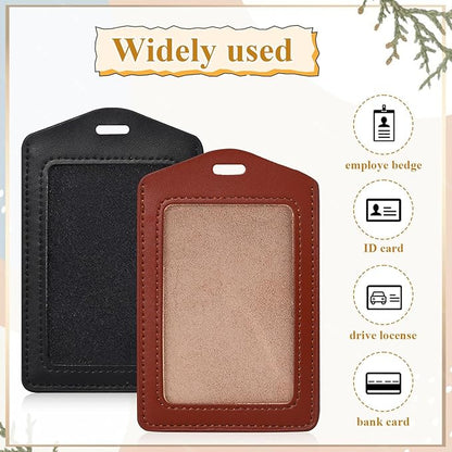 2 Pack Genuine Leather ID Badge Holders Waterproof Name Badge Holde Vertical Single-Side Clear Card Holder for Office, Staff, Employees (Black & Brown)
