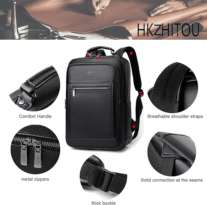 CHAO RAN Laptop Backpack for Men Leather Travel Backpack Carry on Flight Approved-Waterproof Medium Backpack Fit 15.6 Inch Notebook for College Business Office Bag with USB Charging Port (Black14)