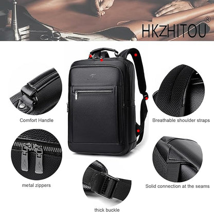 CHAO RAN Laptop Backpack for Men Leather Travel Backpack Carry on Flight Approved-Waterproof Medium Backpack Fit 15.6 Inch Notebook for College Business Office Bag with USB Charging Port (Black14)