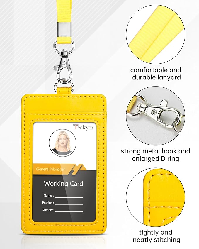 Teskyer Badge Holder with Lanyard, Leather ID Name Badge Card Holder with Lanyard for ID Badges, Vertical, Bright Yellow