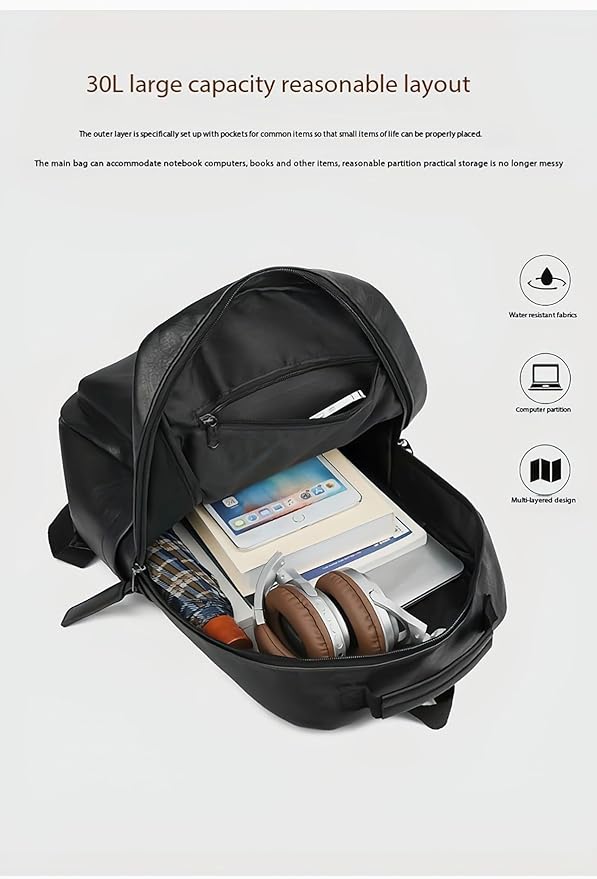 Unisex PU leather laptop bag work business bag hiking backpack leisure day bag university schoolbag (Large,Brown 2)