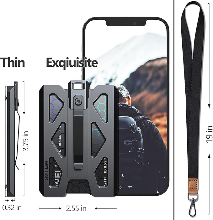 Badge Holder, Durable Aluminum ID Card Holder Wallet by WELUCK, 4 Cards/ID Badges Holder with Lanyard and Metal Clip, for Business Office Work Police Gift Outdoor (Black01)