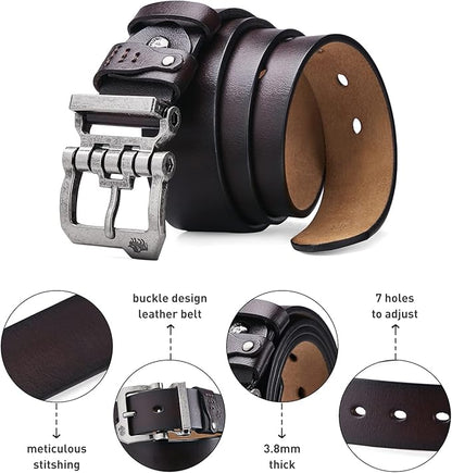 BISON DENIM Men's Belts Leather Dress Genuine Leather Classic Heavy Duty Buckle Belt Casual for Jeans