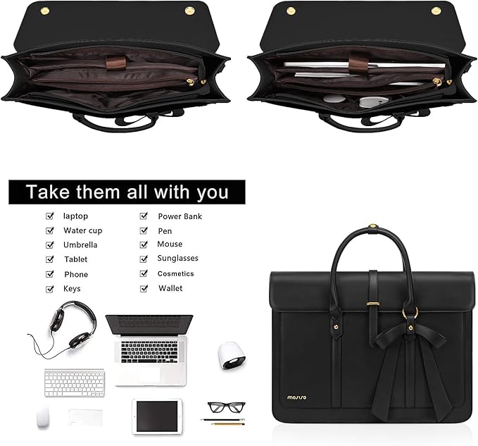 MOSISO Laptop Bag for Women, 17 inch PU Leather Laptop Shoulder Bags Convertible Backpack, 17.3 inch Messenger Bags Casual Handbag Work Briefcase Travel Computer Bag with Bowknot, Black