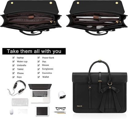 MOSISO Laptop Bag for Women, 17 inch PU Leather Laptop Shoulder Bags Convertible Backpack, 17.3 inch Messenger Bags Casual Handbag Work Briefcase Travel Computer Bag with Bowknot, Black