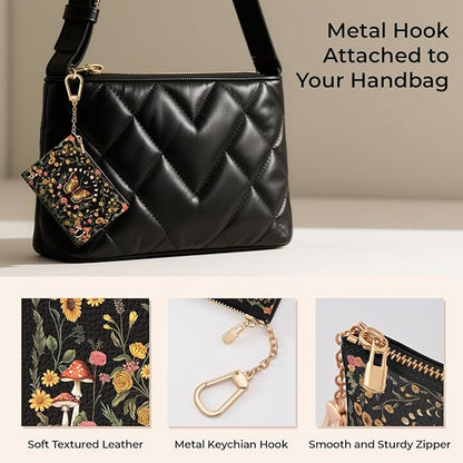 Butterfly Moon Keychain Coin Purse for Women, Mushroom Floral Vintage Small PU Leather Change Pouch, Zipper Little Tiny Travel Wallet for Girls, Cute Zip Pocket Coin Holder with Key Ring