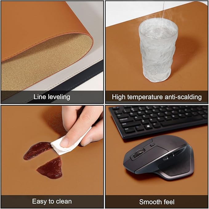 DAWNTREES Dual Sided Desk Mat,Leather Desk Pad,Brown Cork Desk Mat Protector,with PU Leather Valet Tray Organizer,Large Mouse Pad,Desk Writing Pad for Office and Home(31.5"x15.8")
