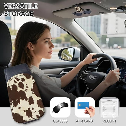 Sunglasses Holder for Car Visor, PU Leather Glasses Clip Organizer, Cute Magnetic Eyeglass Holder for Vehicle Sun Visor, Car Interior Accessory for Women & Men Brown Cow Fur