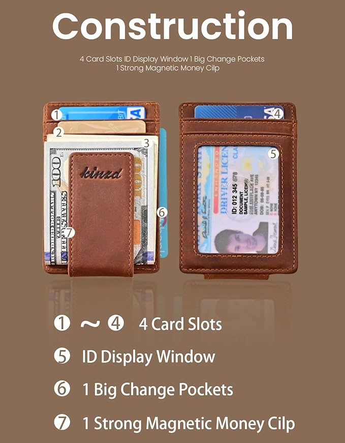 kinzd Money Clip, Front Pocket Wallet, Leather RFID Blocking Strong Magnet thin Wallet | RFID Blocking, Strong Magnet, thin